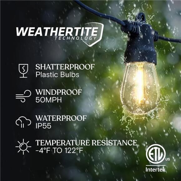 Solar Outdoor String Lights 48ft Patio Edison Bulbs Waterproof LED Hanging Light - Picture 2 of 7